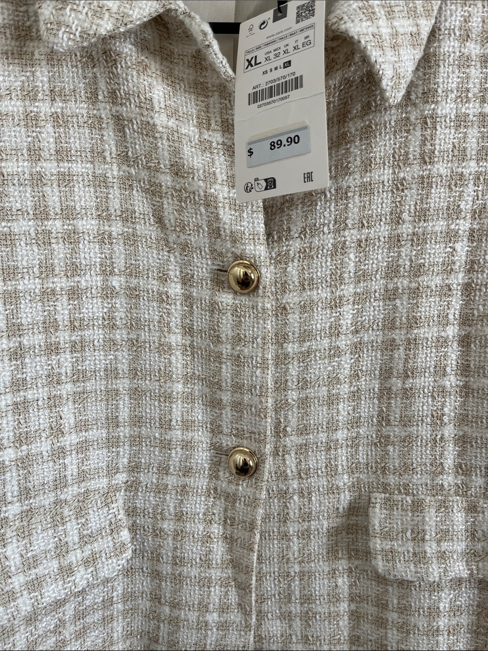 Zara Cream Tweed Cropped Blazer with Gold Buttons New XL - Picture 4 of 5